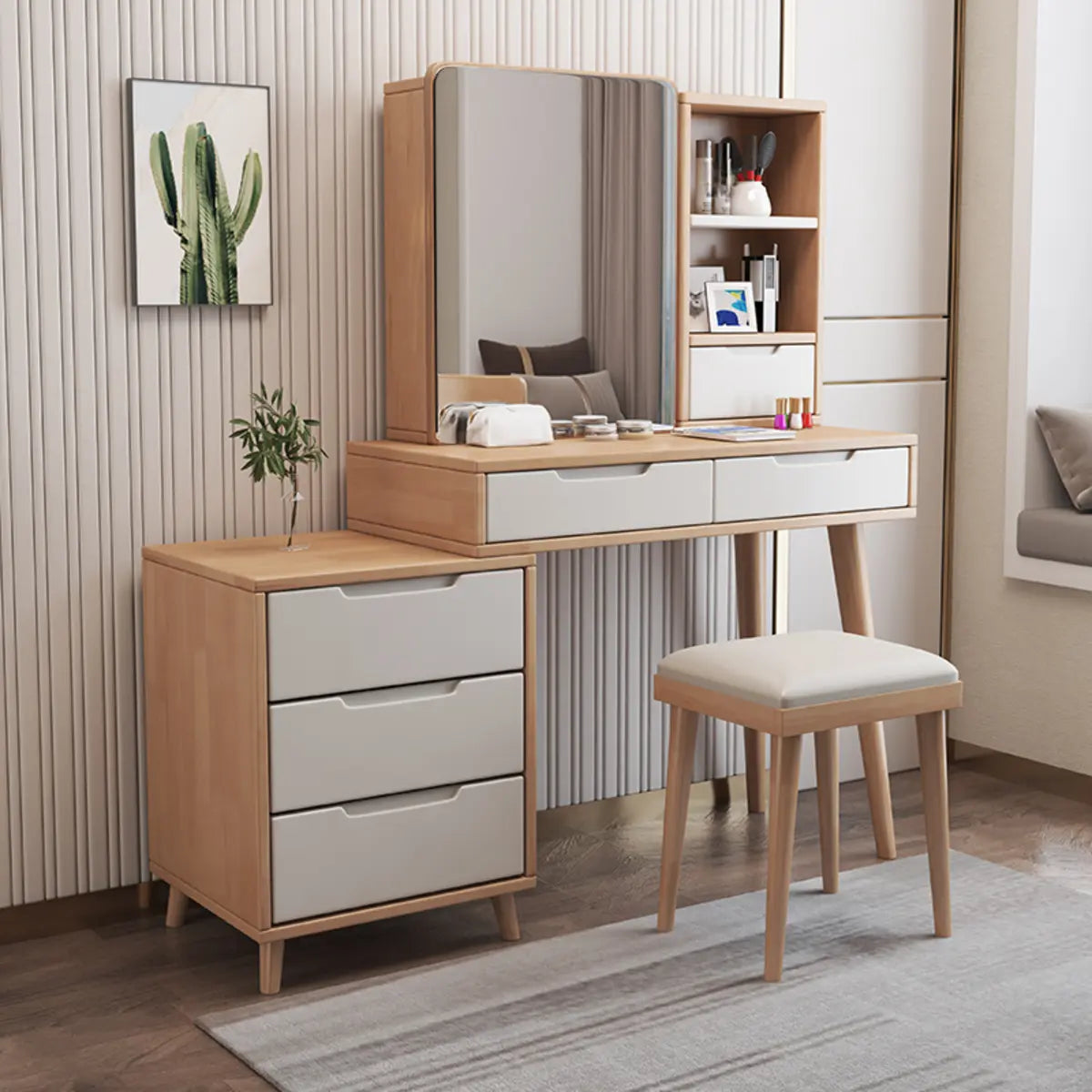 Contemporary Rectangular Wood Bedroom Natural Makeup Vanity Image - 1