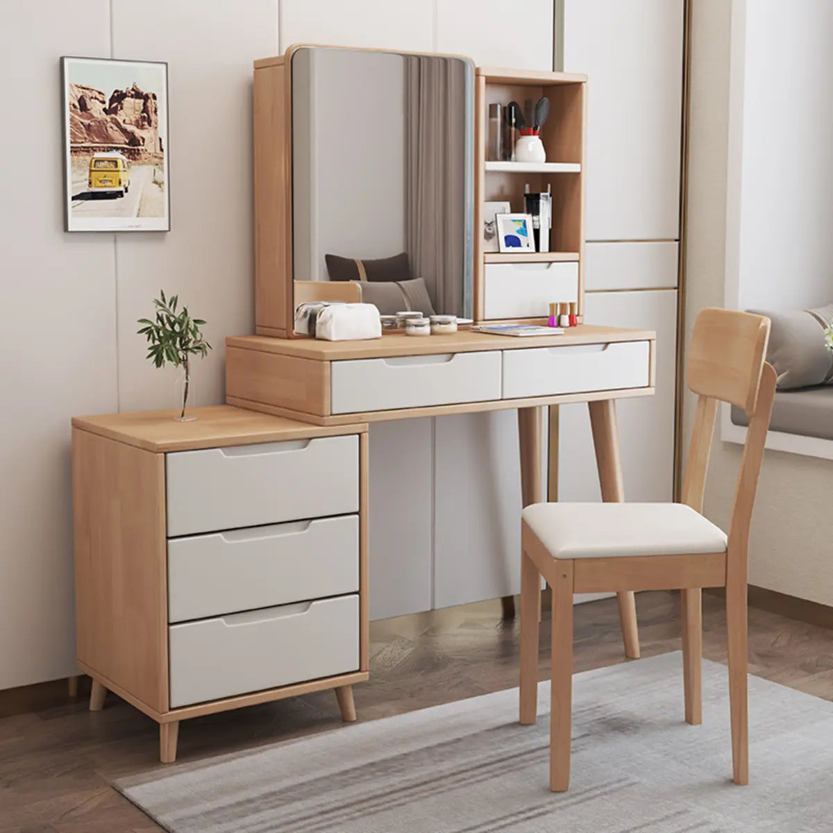 Contemporary Rectangular Wood Bedroom Natural Makeup Vanity Image - 2