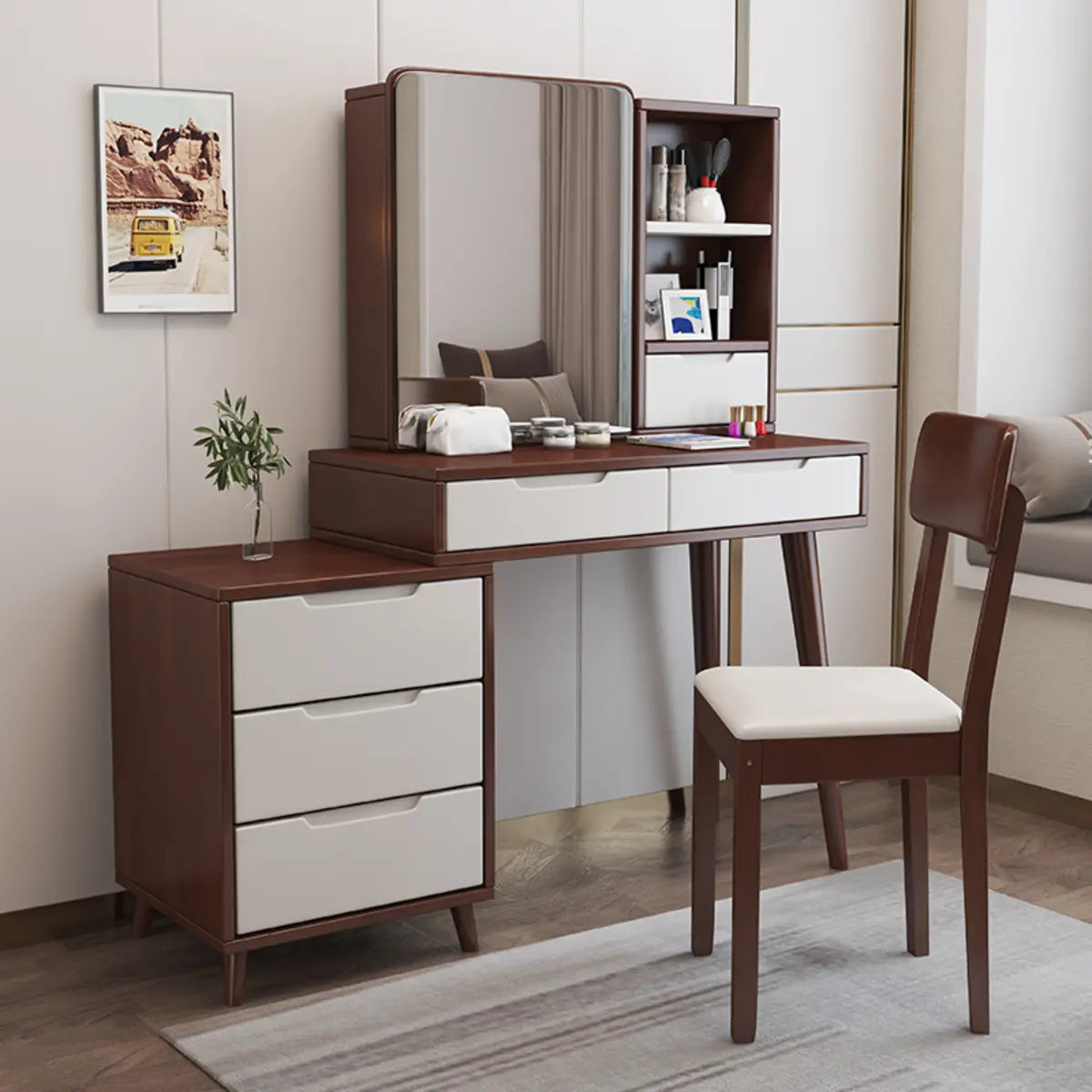 Contemporary Rectangular Wood Bedroom Natural Makeup Vanity Image - 3