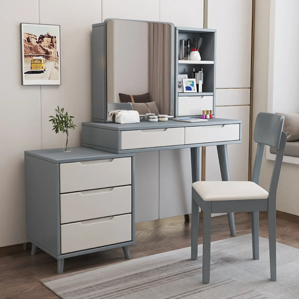 Contemporary Rectangular Wood Bedroom Natural Makeup Vanity Image - 5