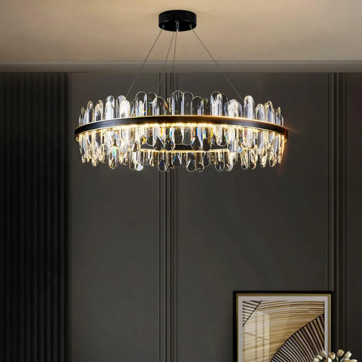 Contemporary Ring Crystal Living Room Black Chandelier Image - 1