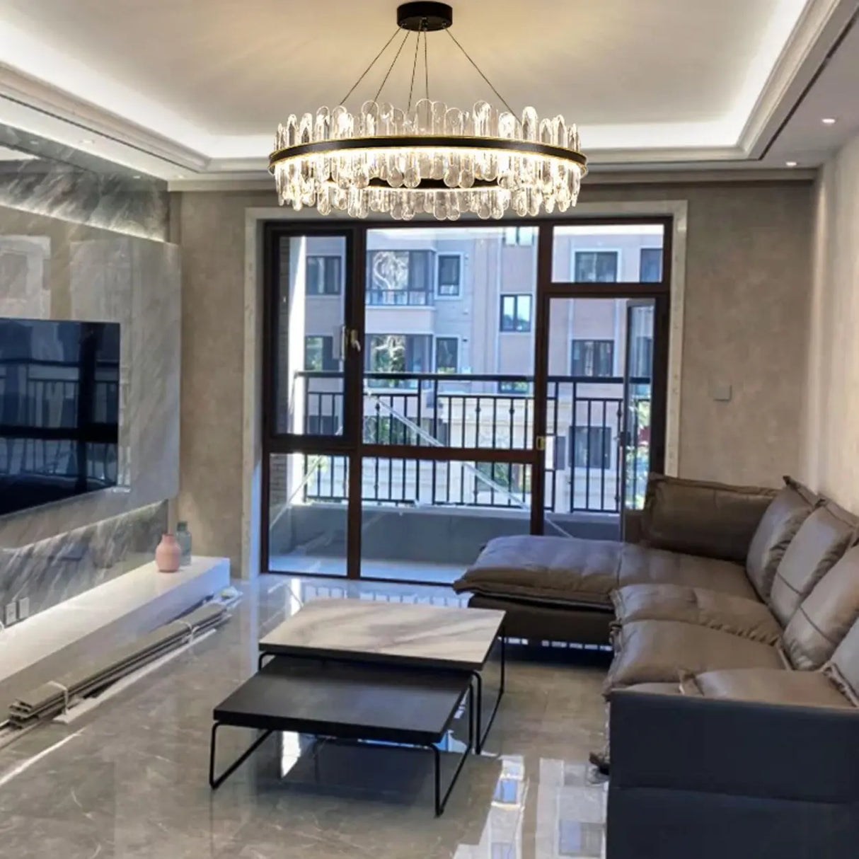 Contemporary Ring Crystal Living Room Black Chandelier Image - 10