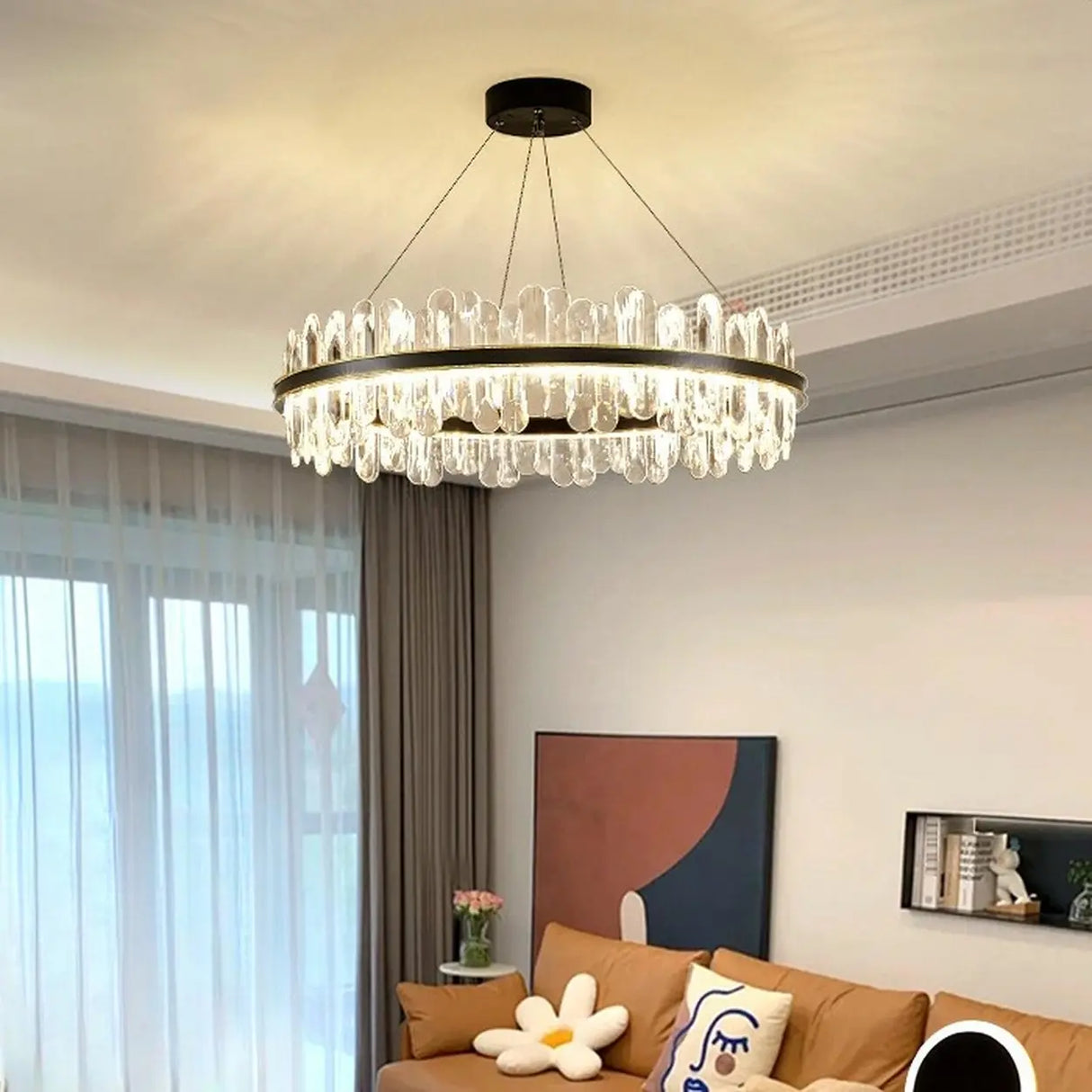Contemporary Ring Crystal Living Room Black Chandelier Image - 2