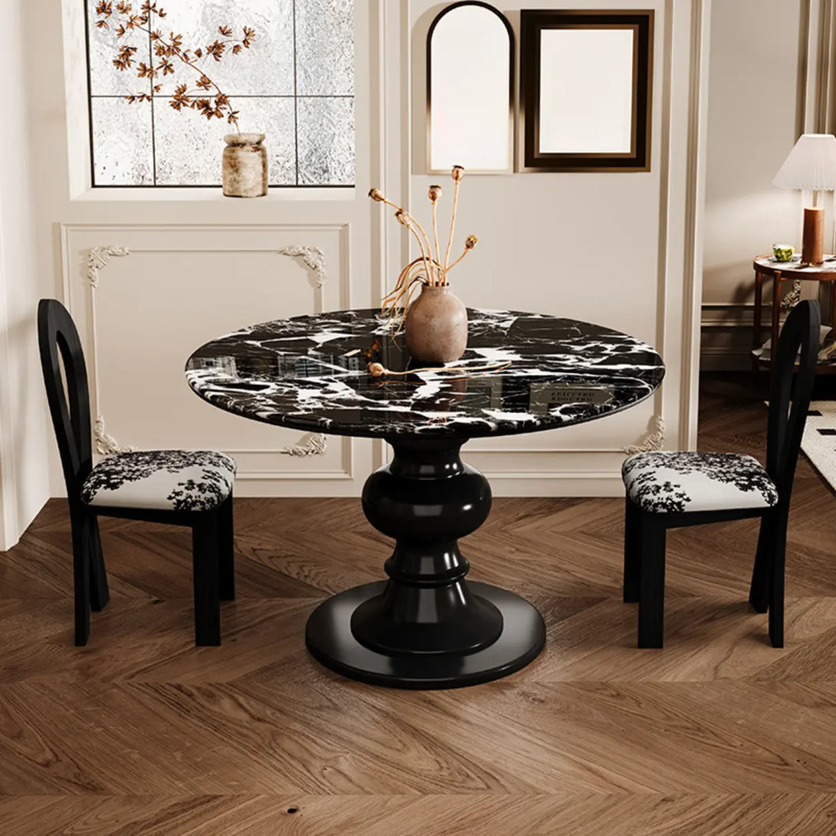 Contemporary Round Black And White Stone Tabletop Dining Table Image - 4