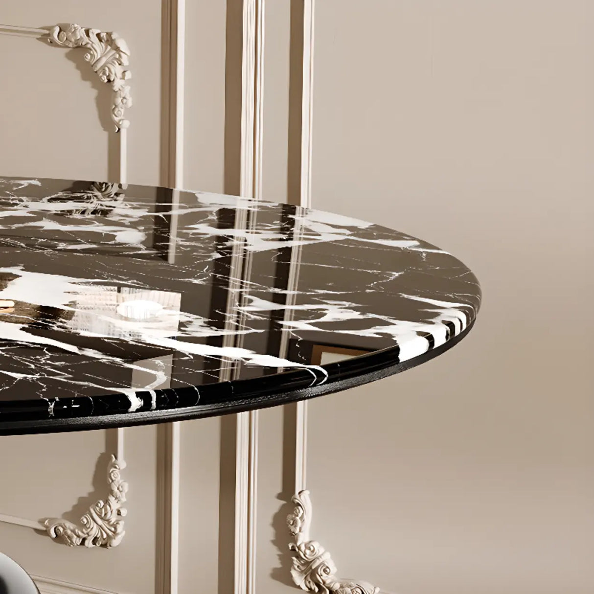 Contemporary Round Black And White Stone Tabletop Dining Table Image - 7