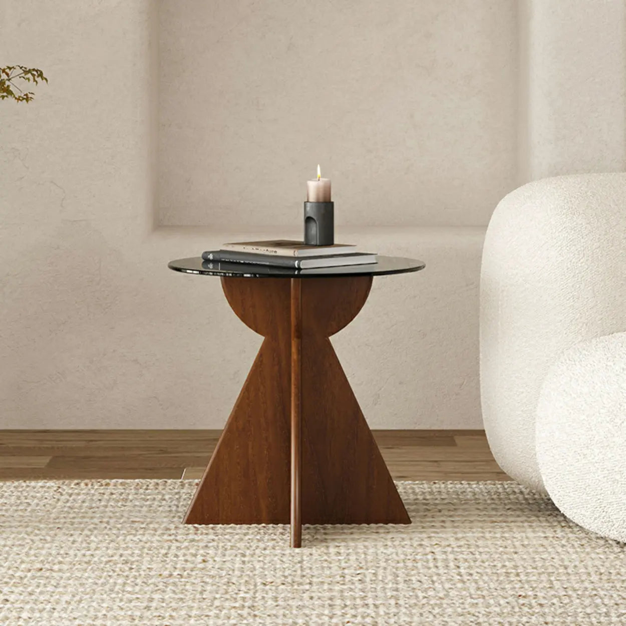 Contemporary Round Glass Walnut Wood Abstract Base Side Table Image - 2