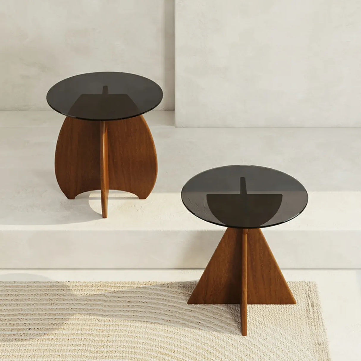 Contemporary Round Glass Walnut Wood Abstract Base Side Table Image - 4