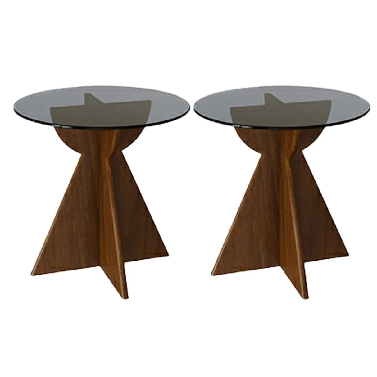 Contemporary Round Glass Walnut Wood Abstract Base Side Table Image - 5