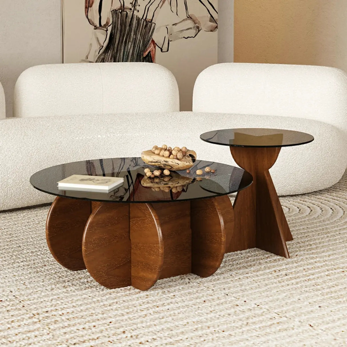 Contemporary Round Glass Walnut Wood Abstract Base Side Table Image - 6
