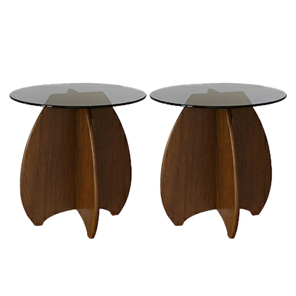 Contemporary Round Glass Walnut Wood Abstract Base Side Table Image - 7