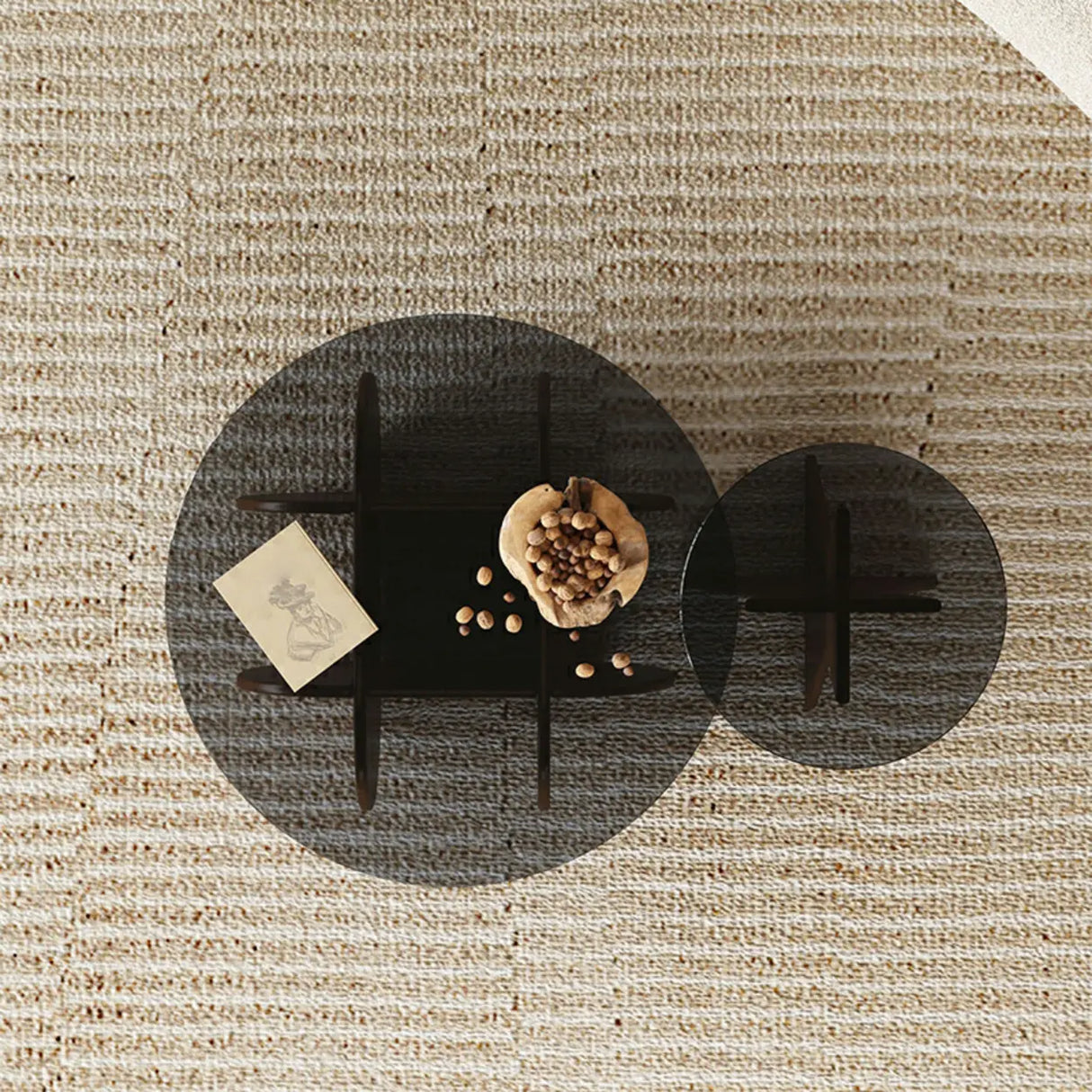 Contemporary Round Glass Walnut Wood Abstract Base Side Table Image - 8