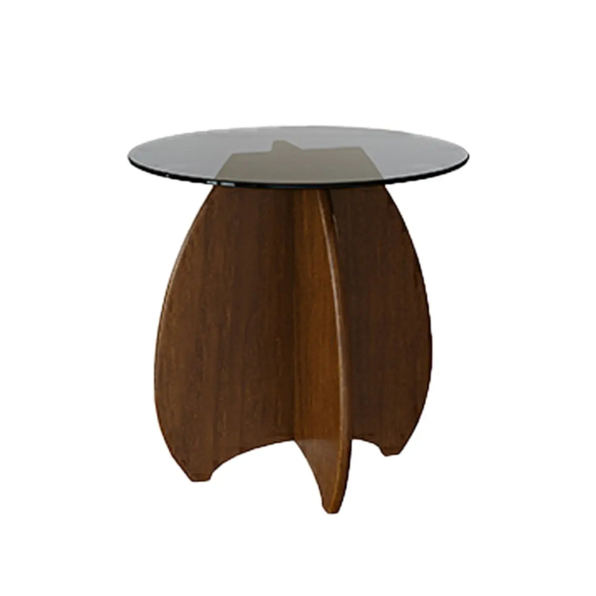 Contemporary Round Glass Walnut Wood Abstract Base Side Table Image - 9