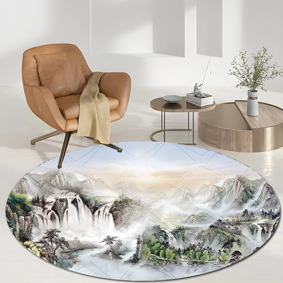 Contemporary Round Polyester Scenic Print Area Rug Image - 1