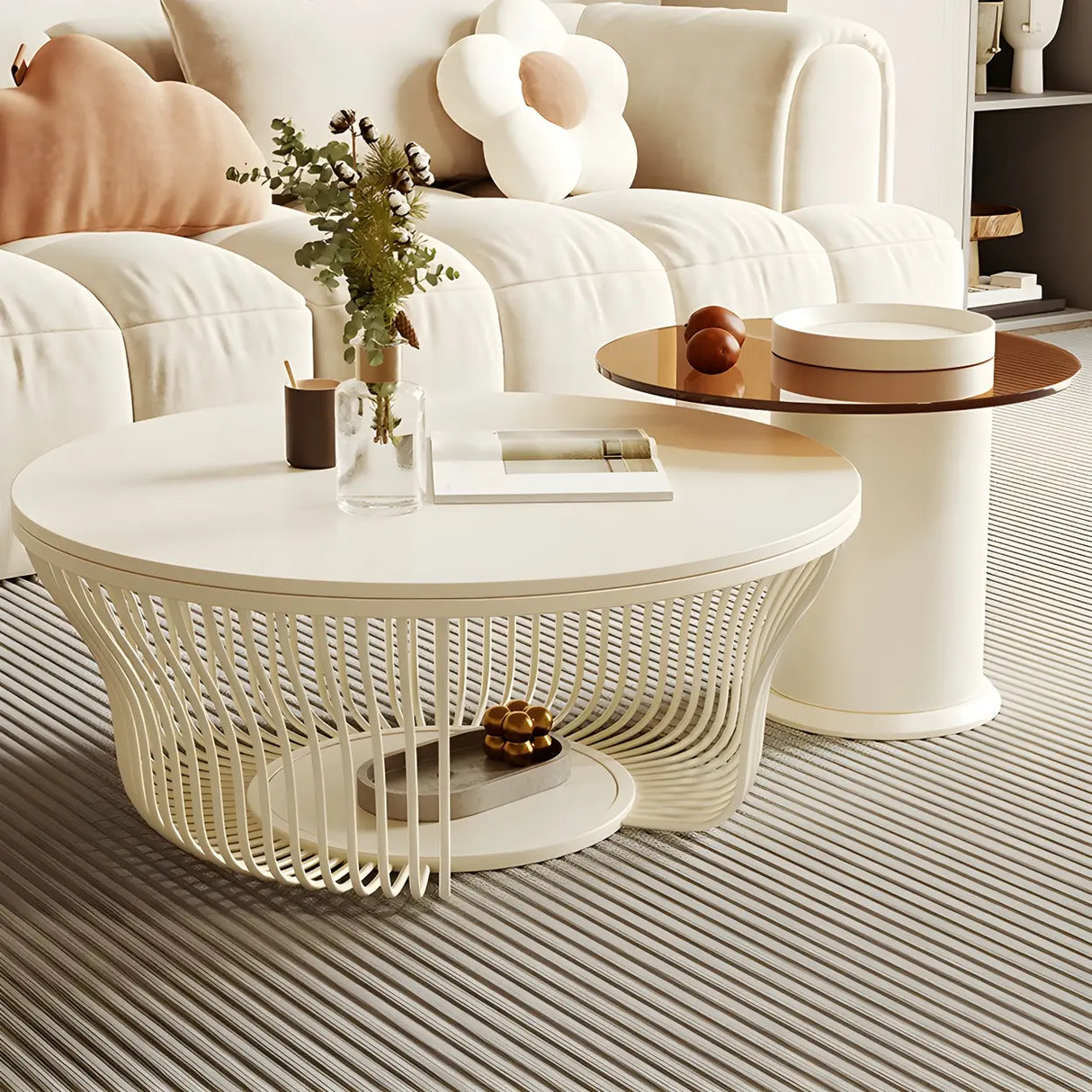 Contemporary Round White Stone Coffee Table with Storage Image - 1