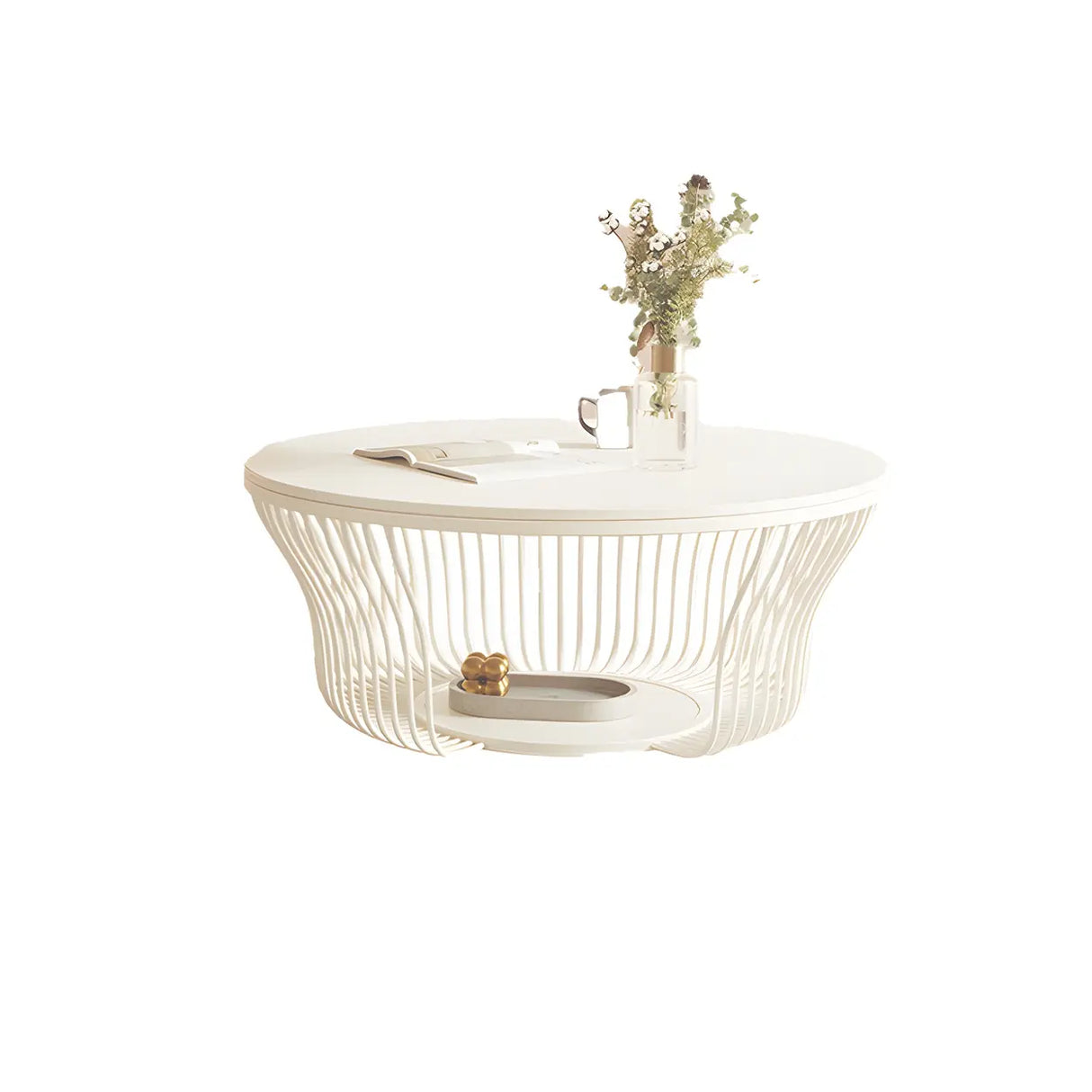 Contemporary Round White Stone Coffee Table with Storage Image - 3