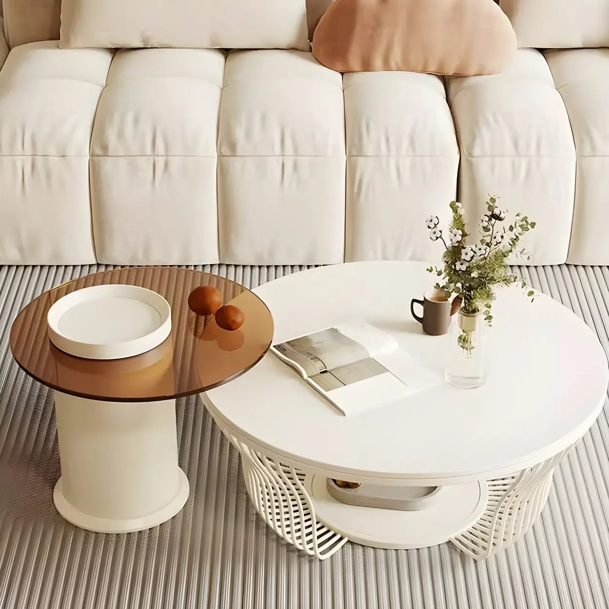 Contemporary Round White Stone Coffee Table with Storage Image - 4