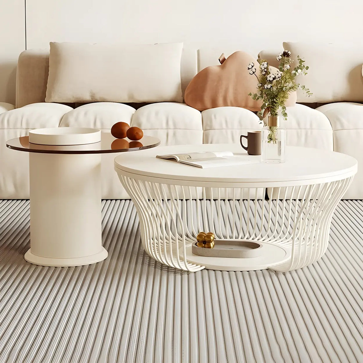 Contemporary Round White Stone Coffee Table with Storage Image - 5