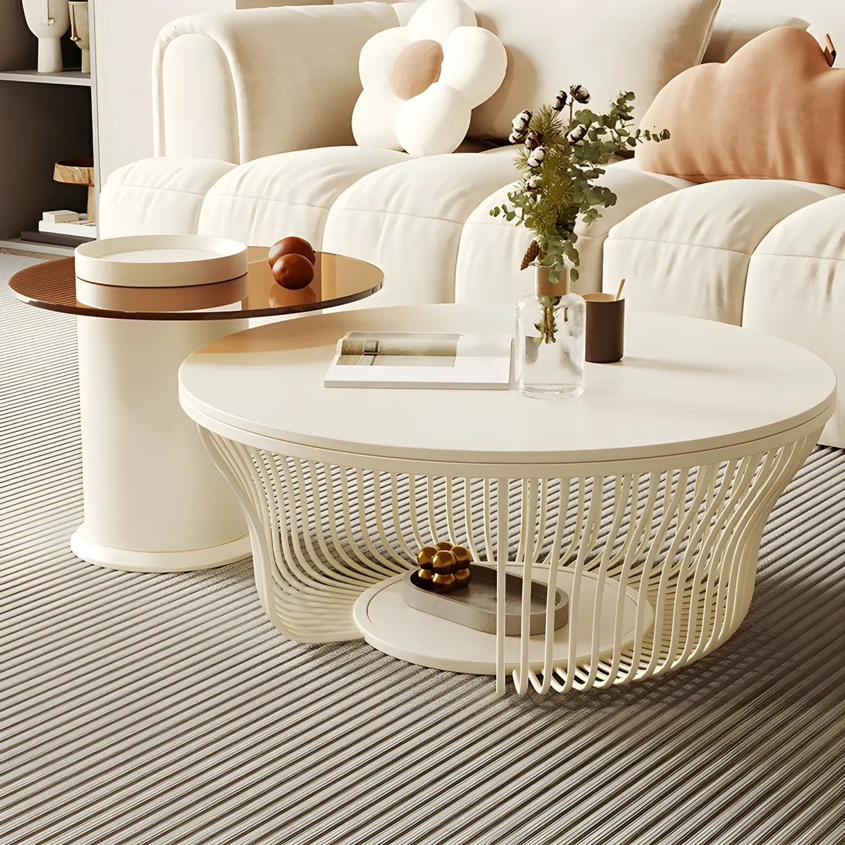 Contemporary Round White Stone Coffee Table with Storage Image - 6