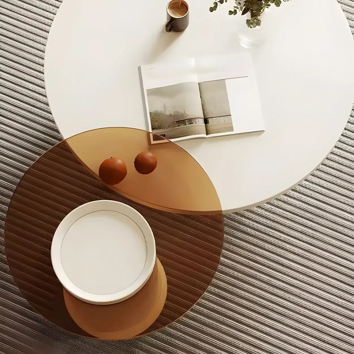 Contemporary Round White Stone Coffee Table with Storage Image - 7
