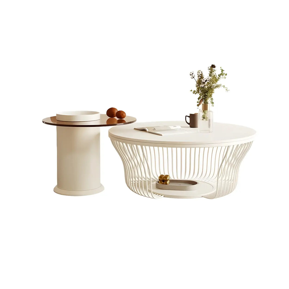 Contemporary Round White Stone Coffee Table with Storage Image - 8