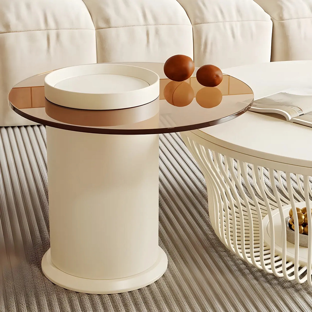 Contemporary Round White Stone Coffee Table with Storage Image - 9