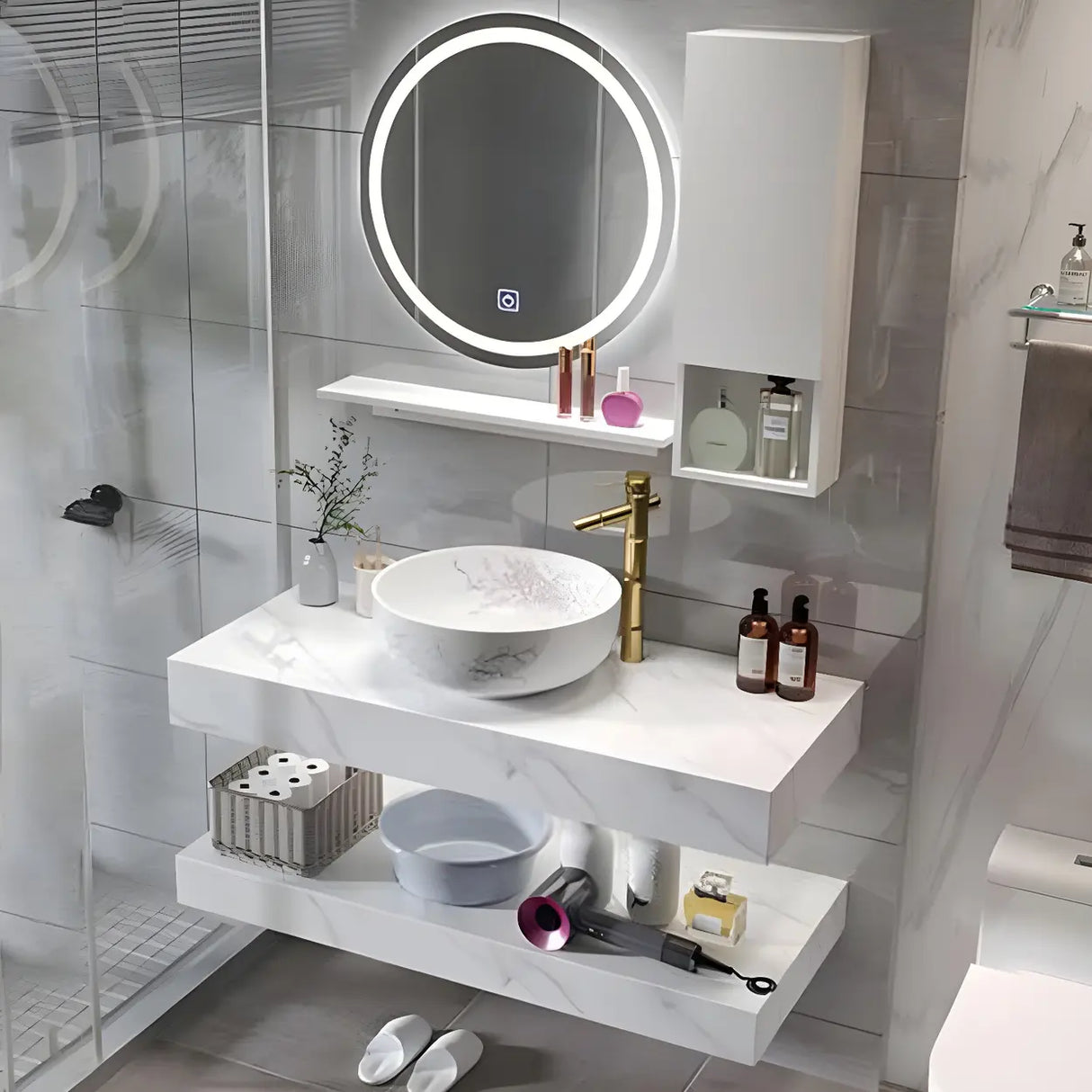 Contemporary Sink Wall-Mount Bath Vanity Cabinet with Mirror Image - 1