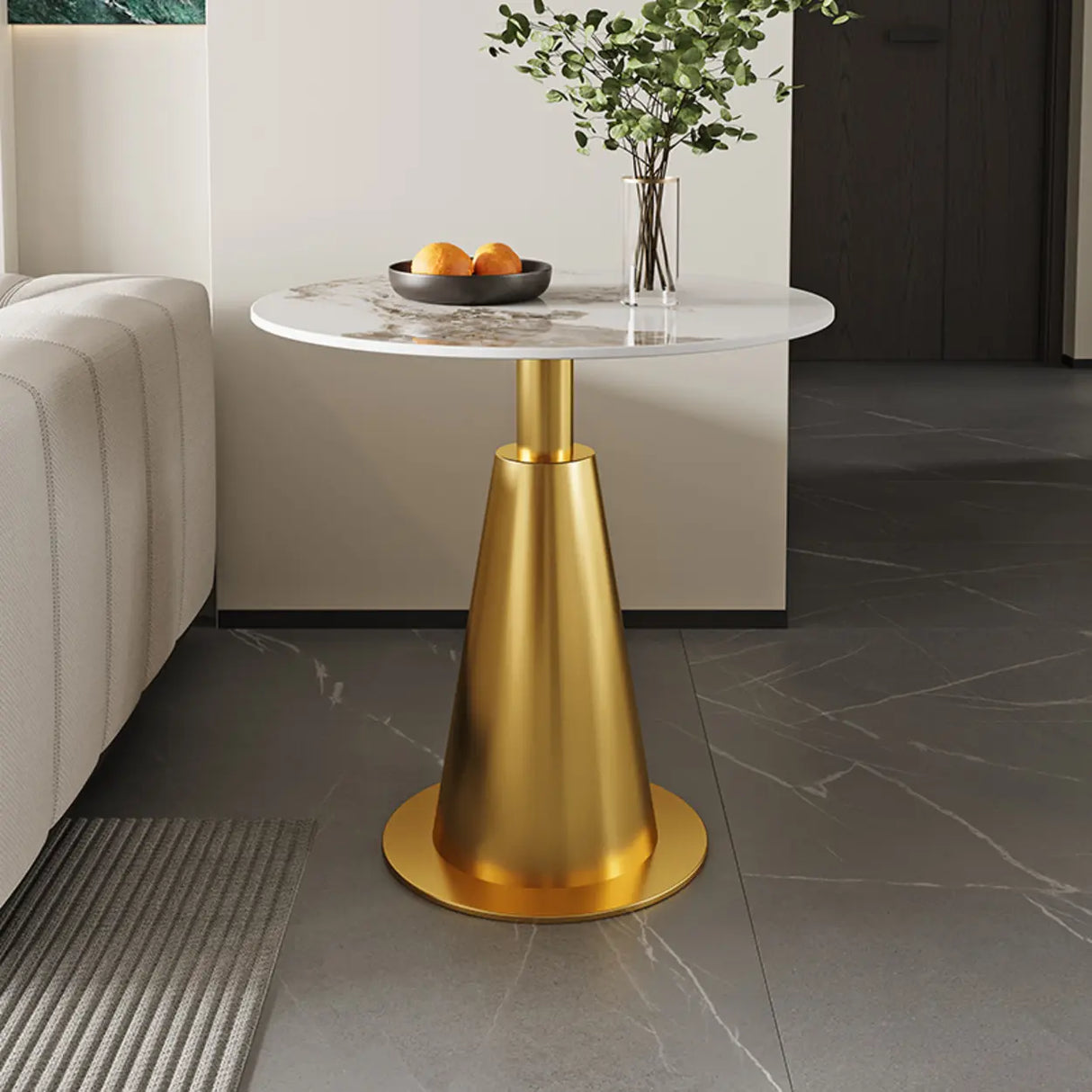 Contemporary Sintered Stone Pedestal Circular Chairside Table Image - 7