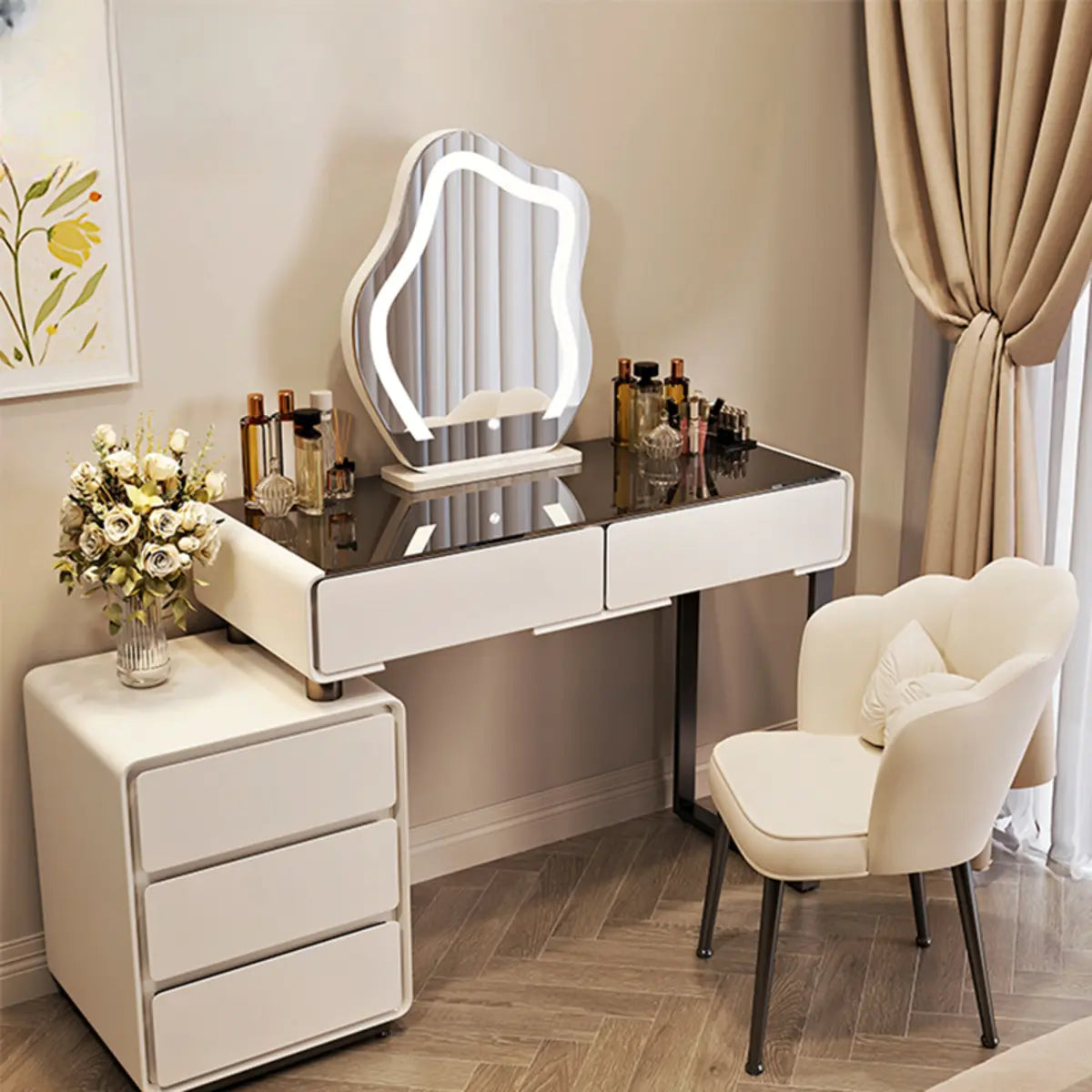 Contemporary Sliding Curved Mirror Off-White Makeup Vanity Image - 1