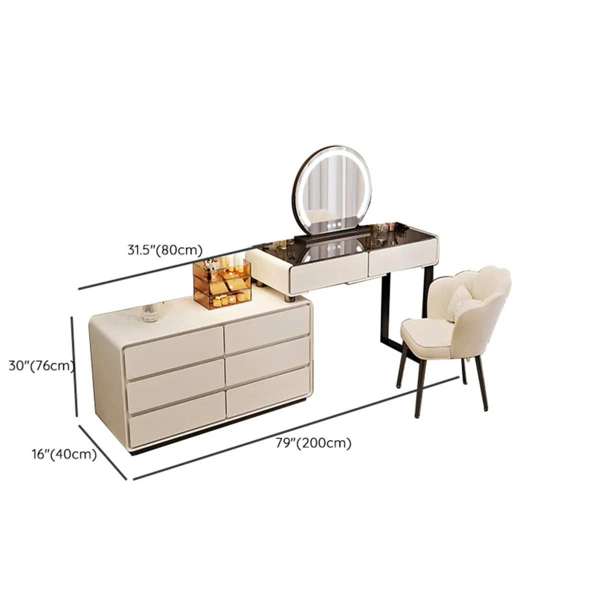 Contemporary Sliding Curved Mirror Off-White Makeup Vanity Image - 14