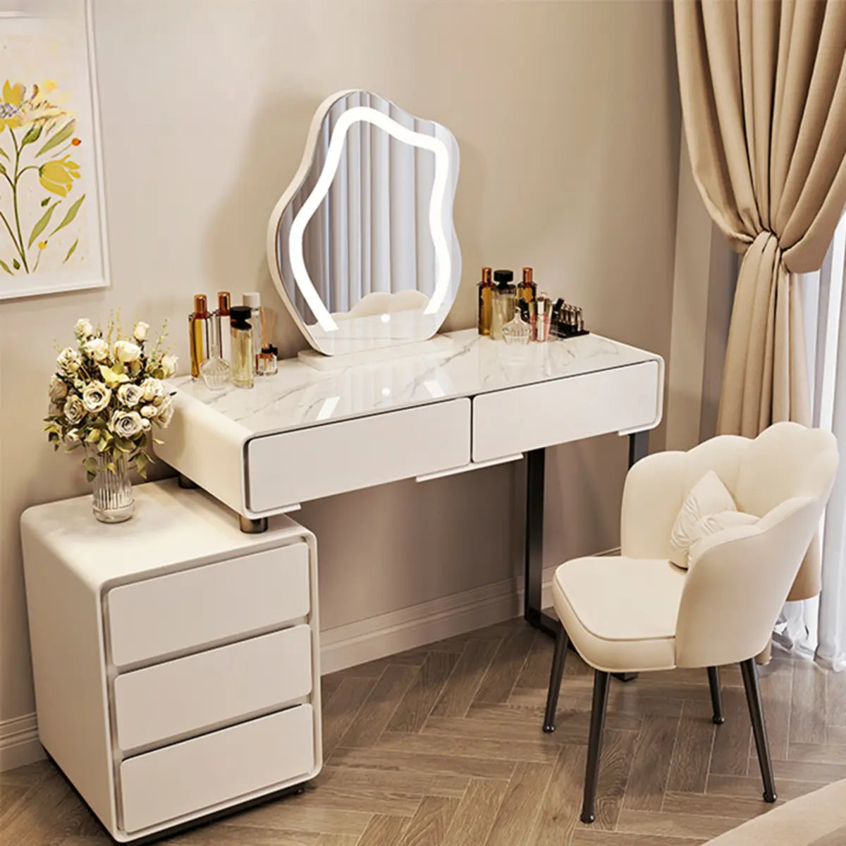 Contemporary Sliding Curved Mirror Off-White Makeup Vanity Image - 2