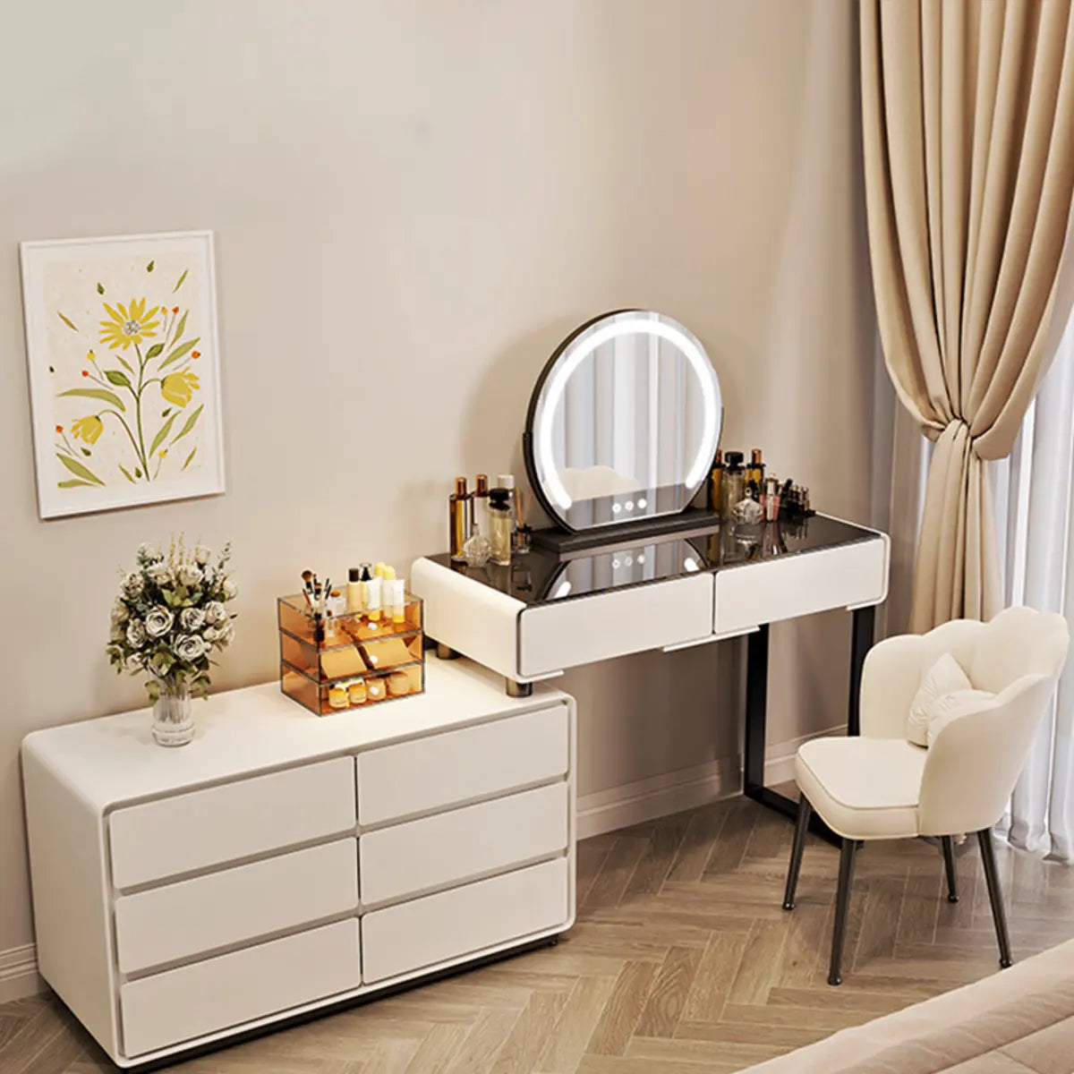 Contemporary Sliding Curved Mirror Off-White Makeup Vanity Image - 3