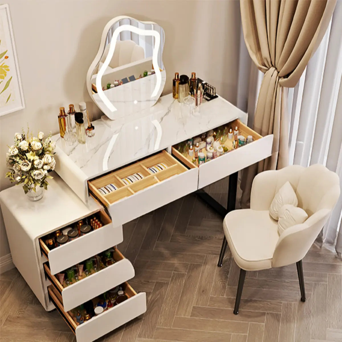 Contemporary Sliding Curved Mirror Off-White Makeup Vanity Image - 4