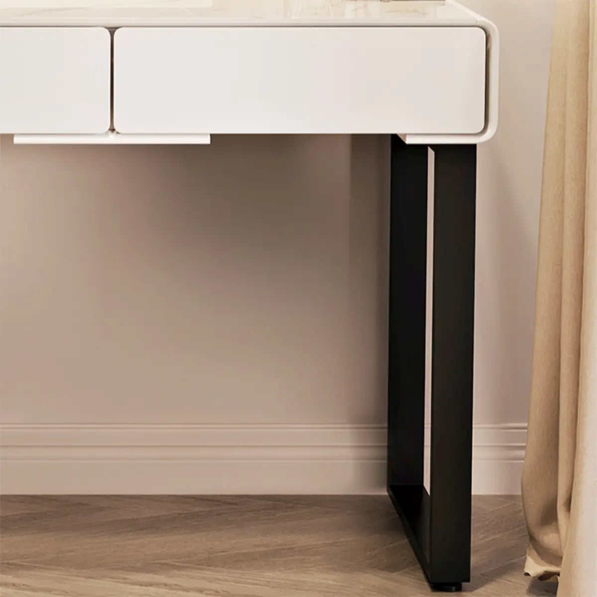 Contemporary Sliding Curved Mirror Off-White Makeup Vanity Image - 5