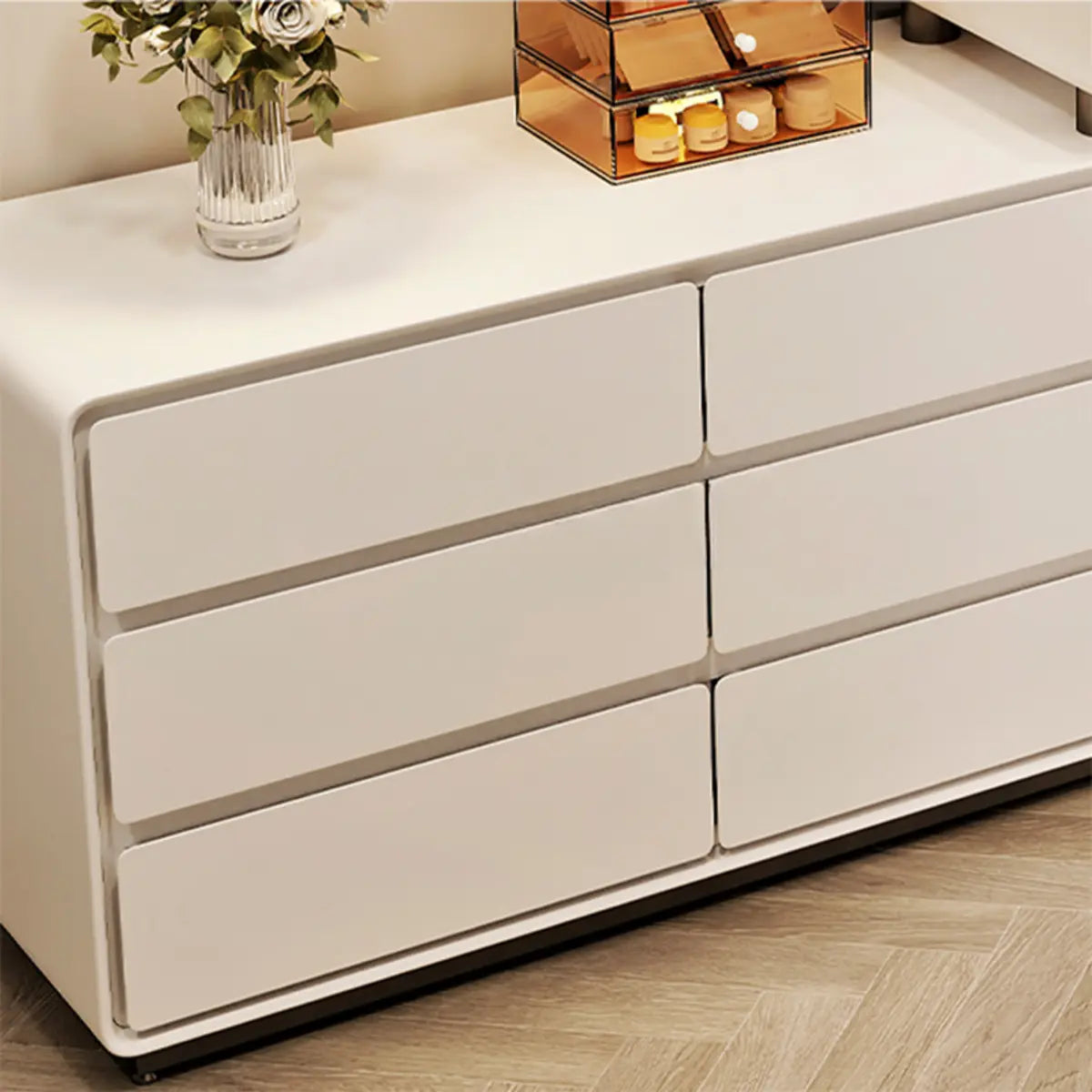 Contemporary Sliding Curved Mirror Off-White Makeup Vanity Image - 7