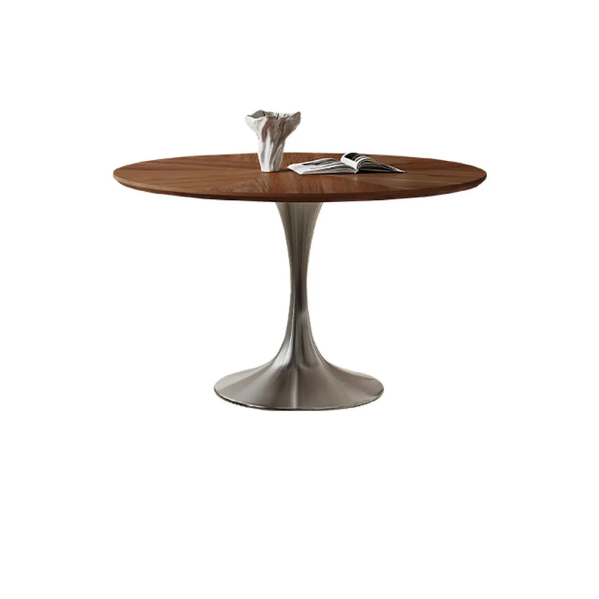 Contemporary Small Metal Base Round Brown Wood Dining Table Image - 2