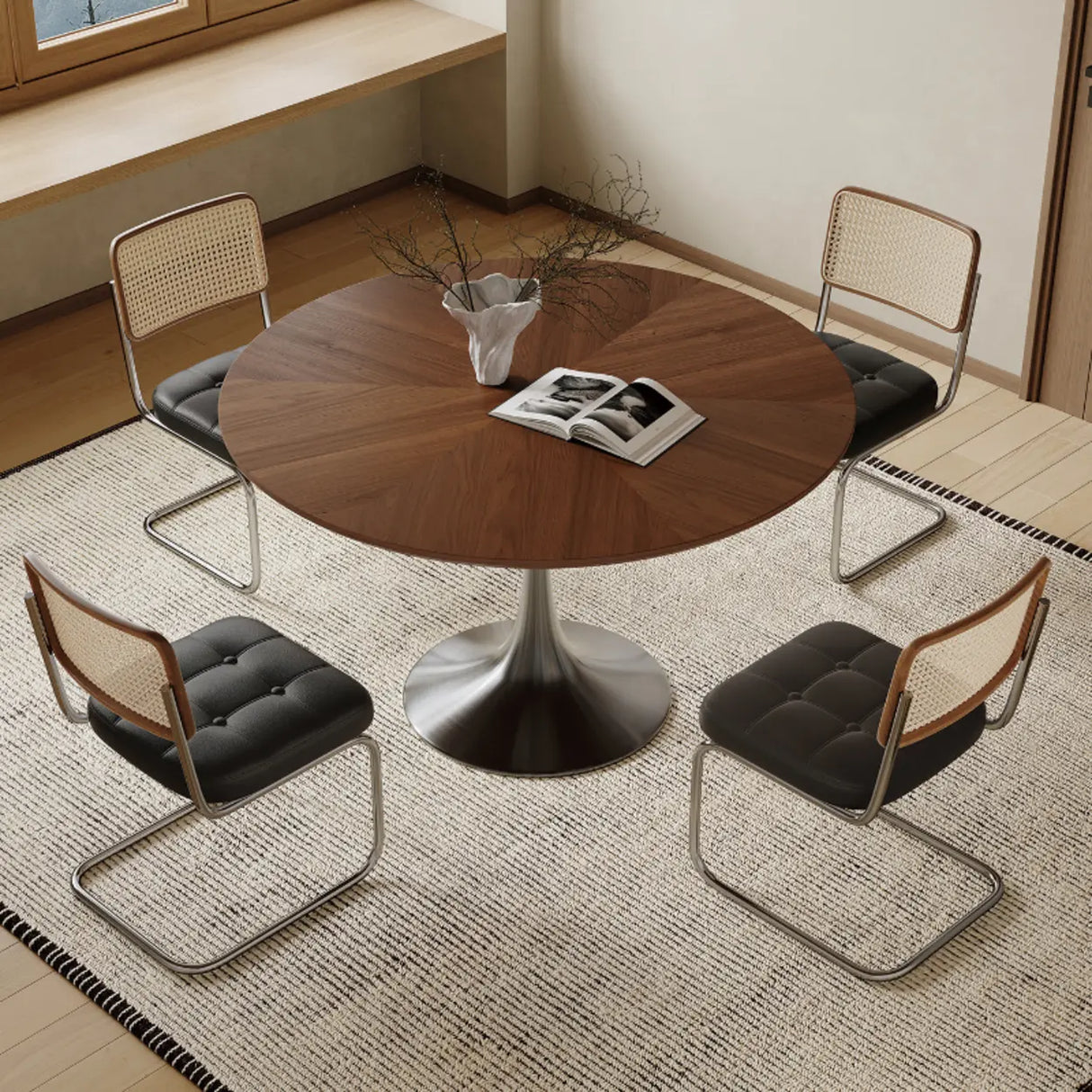 Contemporary Small Metal Base Round Brown Wood Dining Table Image - 3