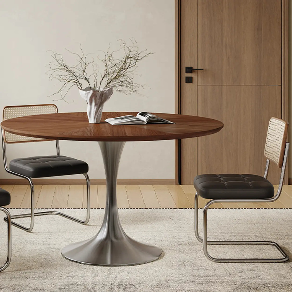 Contemporary Small Metal Base Round Brown Wood Dining Table Image - 6