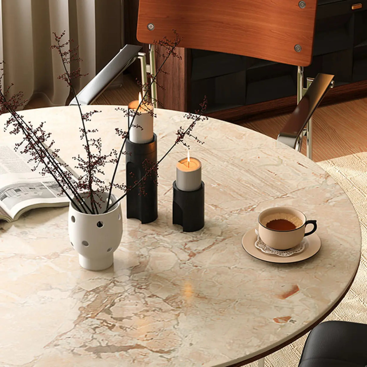 Contemporary Small Round Stone Top Wood Base Dining Table Image - 11