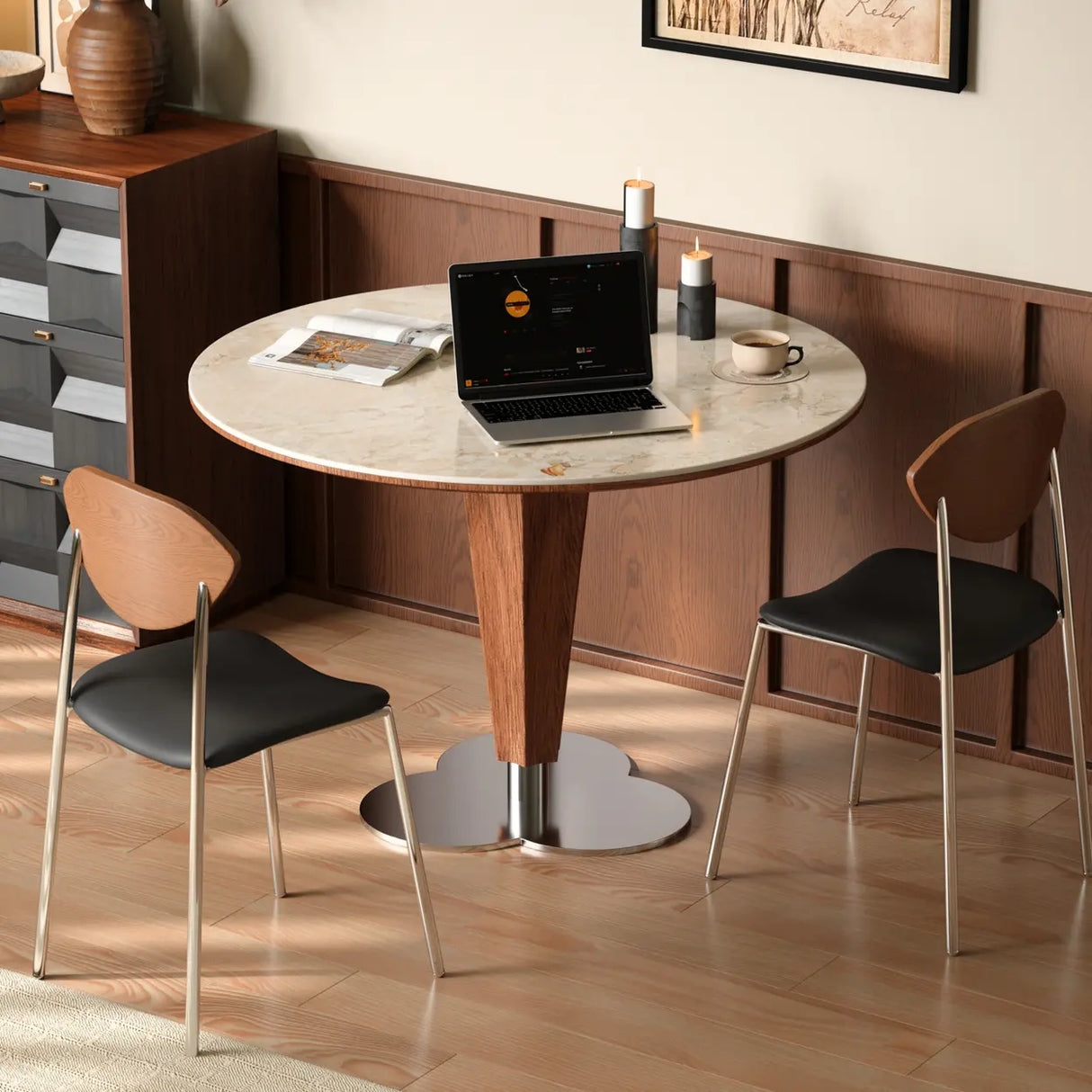Contemporary Small Round Stone Top Wood Base Dining Table Image - 4