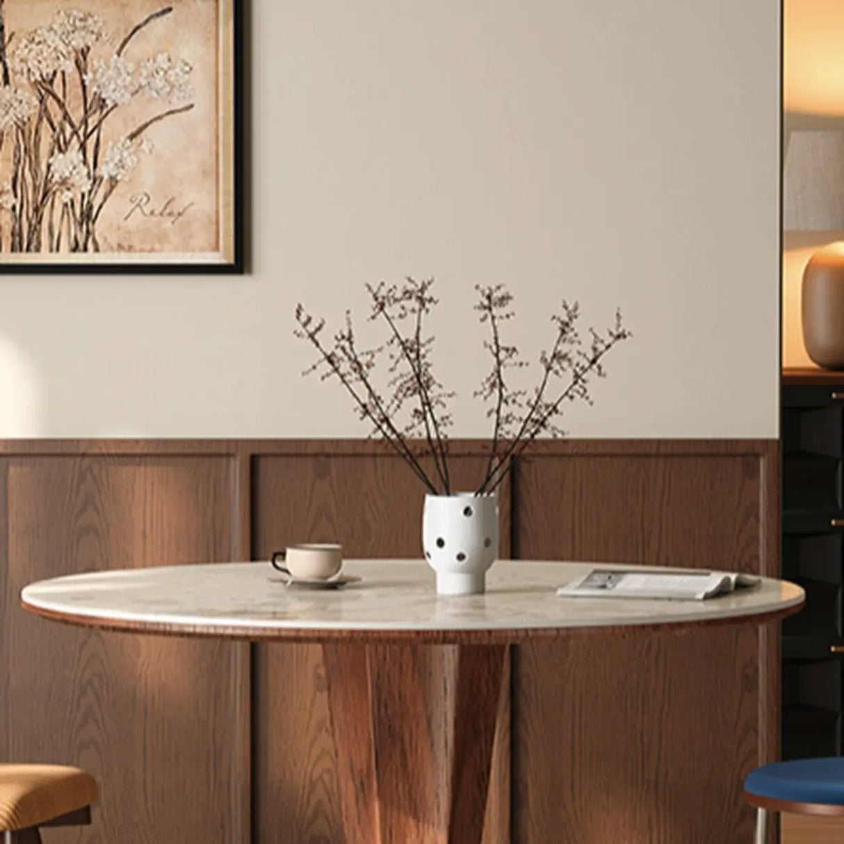 Contemporary Small Round Stone Top Wood Base Dining Table Image - 7