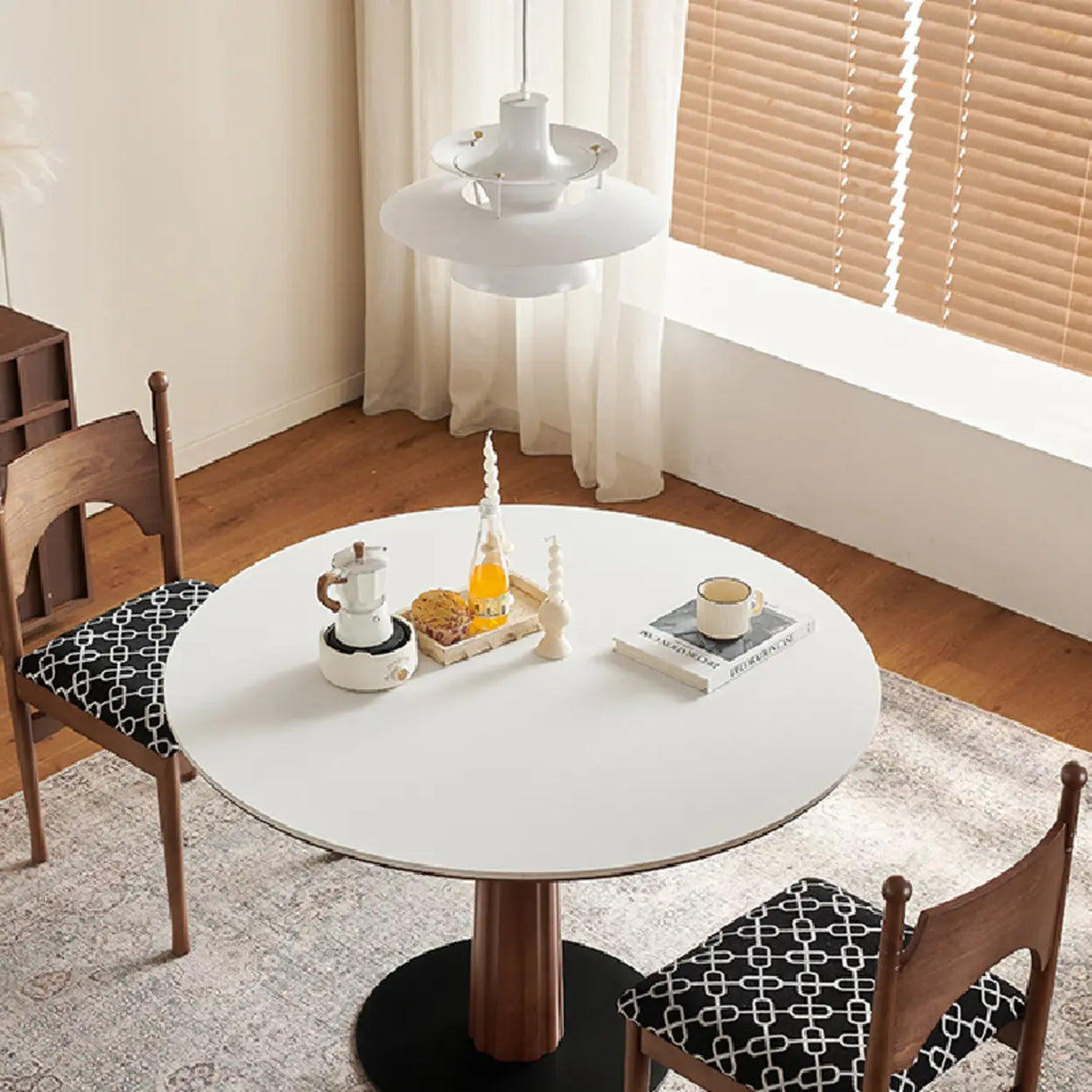 Contemporary Small Round Stone Top Wood Pedestal Dining Table Image - 6