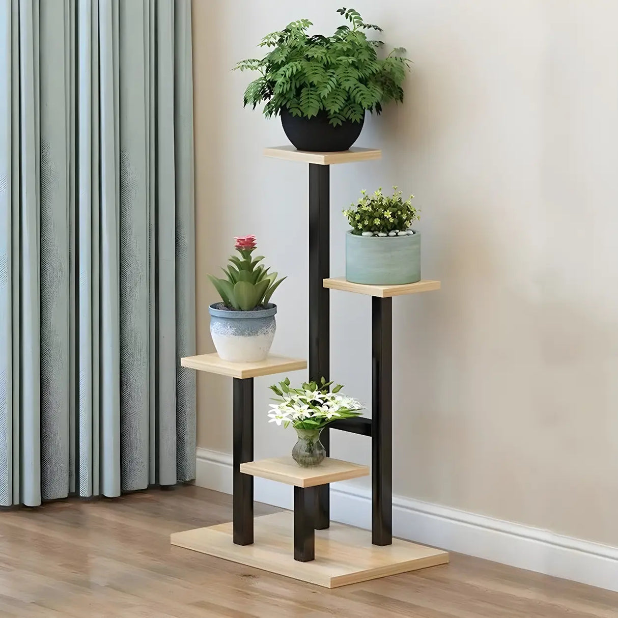 Contemporary Square Wood Decorative 4 Tiers Plant Stand Image - 1