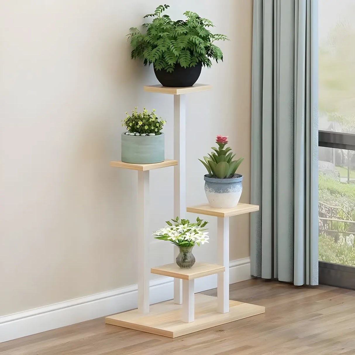Contemporary Square Wood Decorative 4 Tiers Plant Stand Image - 2