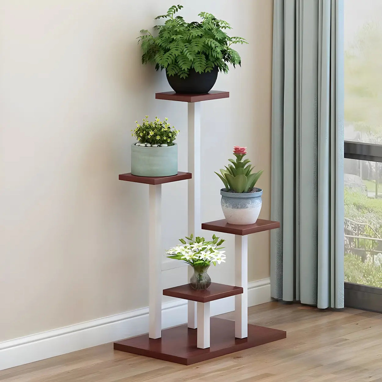 Contemporary Square Wood Decorative 4 Tiers Plant Stand Image - 4