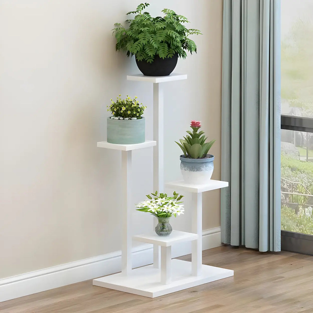 Contemporary Square Wood Decorative 4 Tiers Plant Stand Image - 5