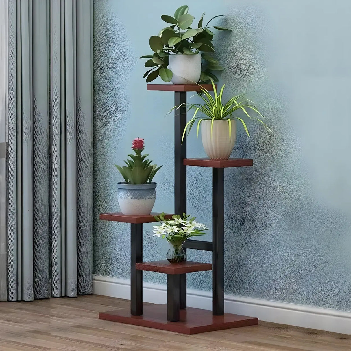 Contemporary Square Wood Decorative 4 Tiers Plant Stand Image - 6