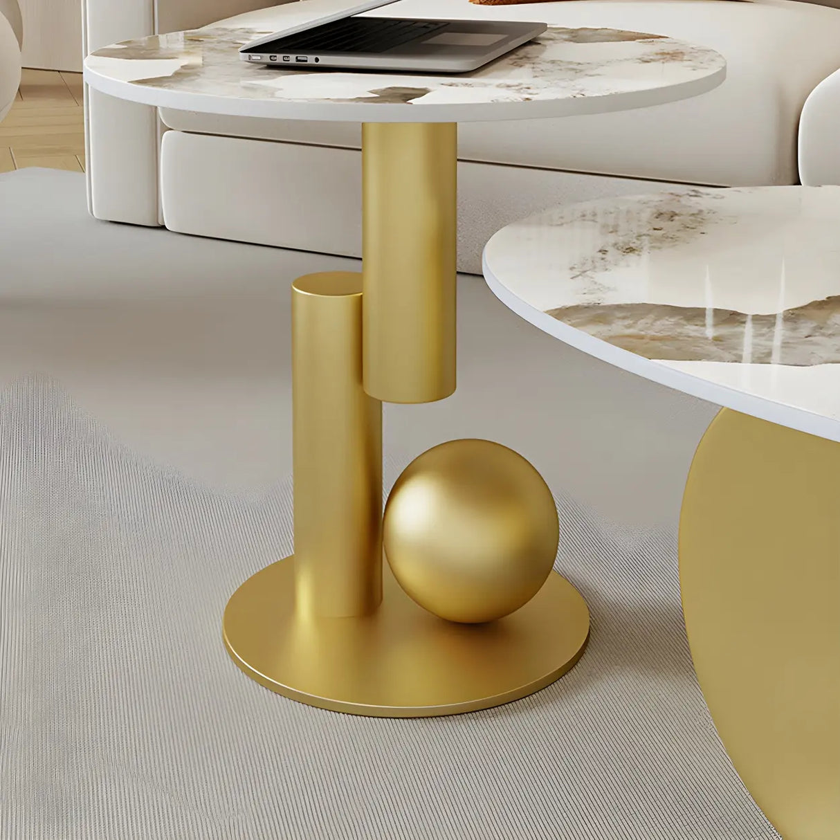 Contemporary Stone Top Abstract Metal Base Coffee Table Image - 16