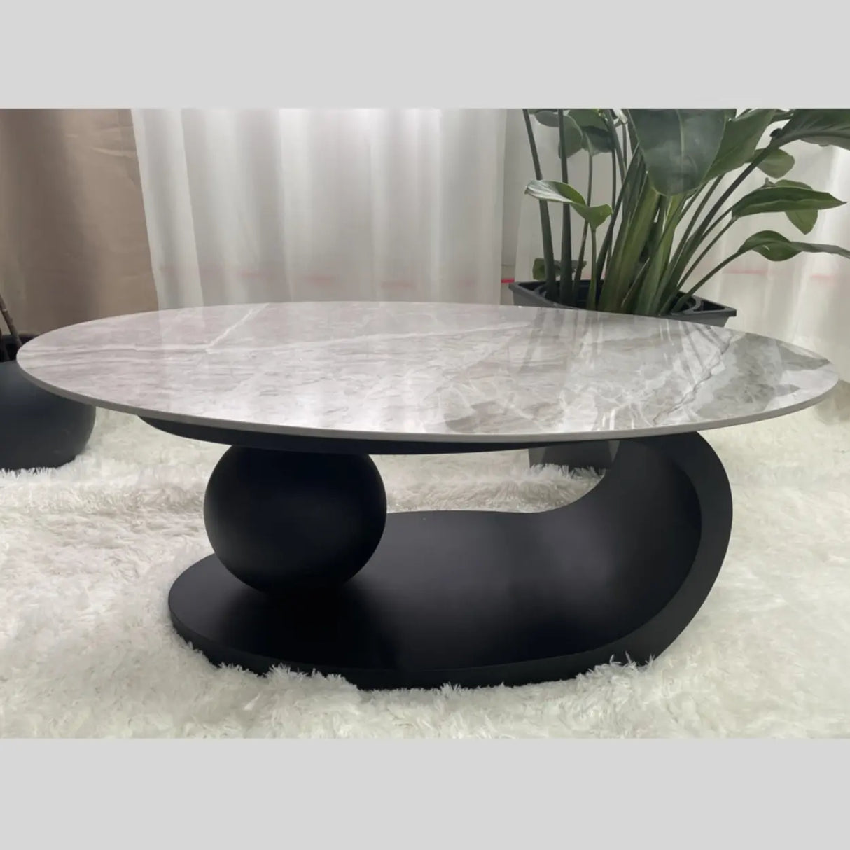 Contemporary Stone Top Abstract Metal Base Coffee Table Image - 13