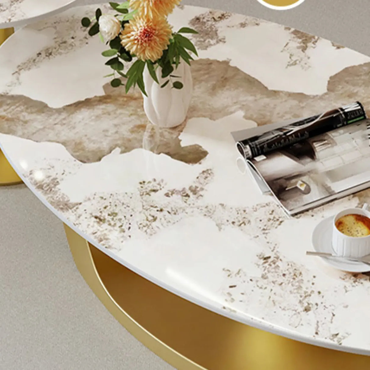 Contemporary Stone Top Abstract Metal Base Coffee Table Image - 15