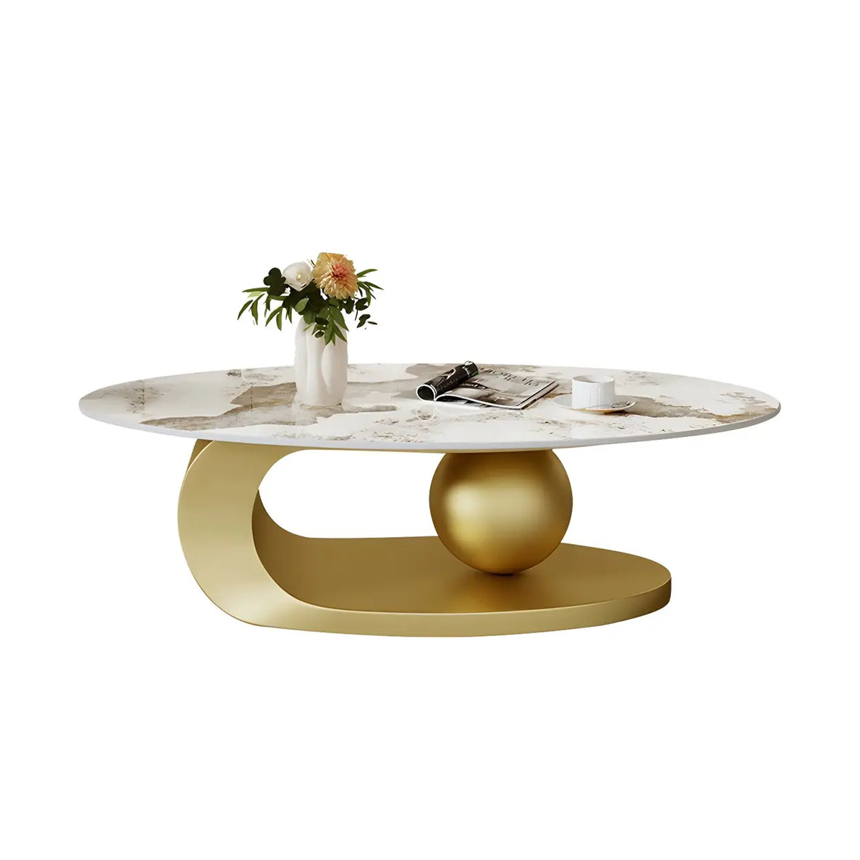 Contemporary Stone Top Abstract Metal Base Coffee Table Image - 21